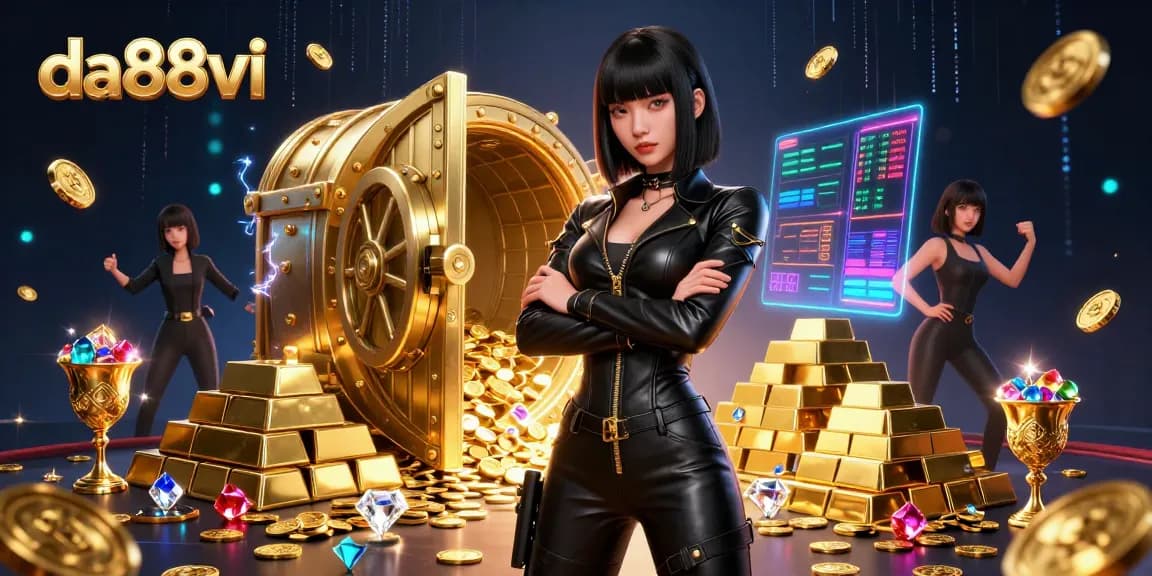 Experience the thrilling da88vi casino action with an Asian woman poised amongst gold and crypto symbols.