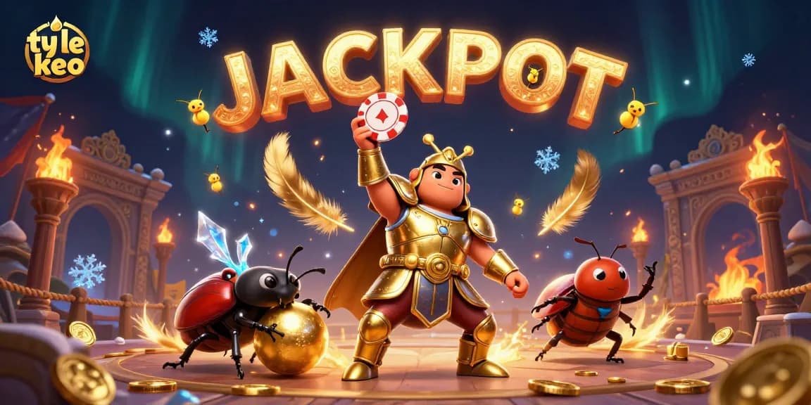 Experience ty le keo with a triumphant beetle character celebrating a jackpot amidst an elaborate casino setting.