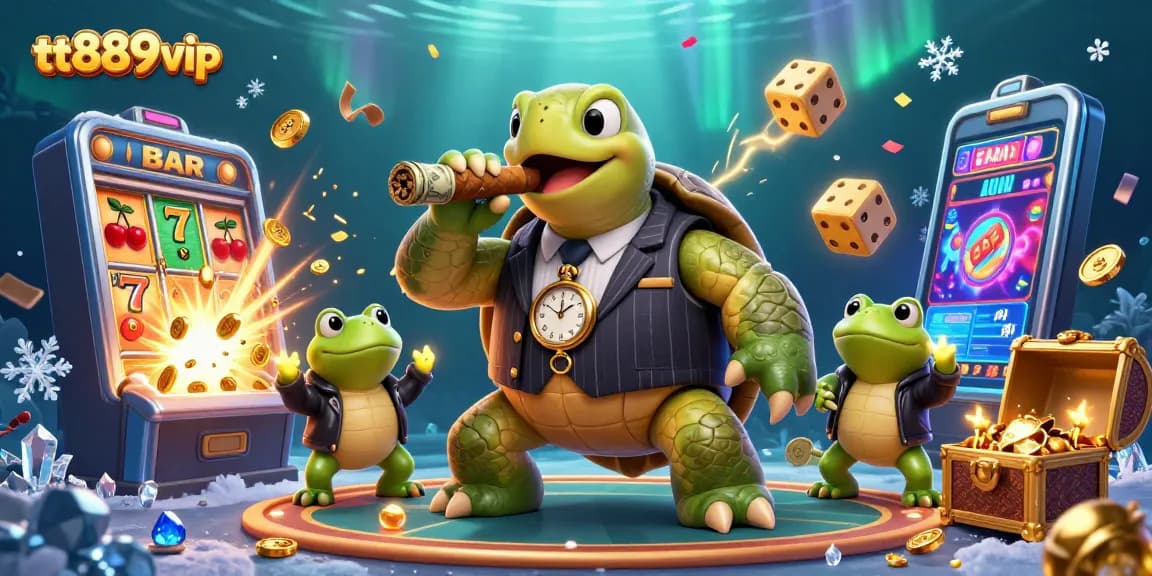 Experience the thrilling action at tt889vip with a vibrant illustration of a snapping turtle in a casino scene.