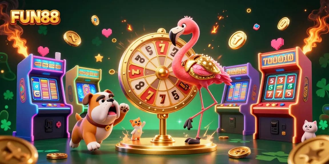 Win big at FUN88 with exciting casino games and vibrant 3D illustrations of dynamic gambling action.