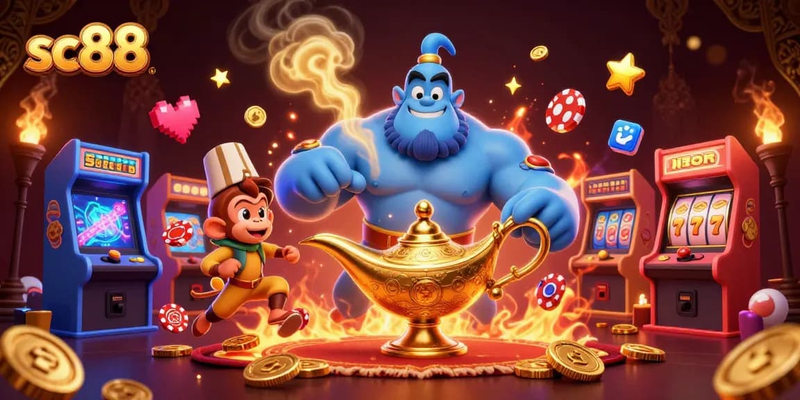 Engage in thrilling gameplay at SC88 with vibrant casino elements and characters featured in a dazzling 3D illustration.