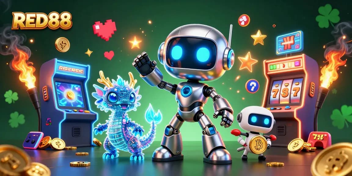 Experience the excitement of RED88 with a vibrant, animated casino scene featuring a cyberpunk mascot