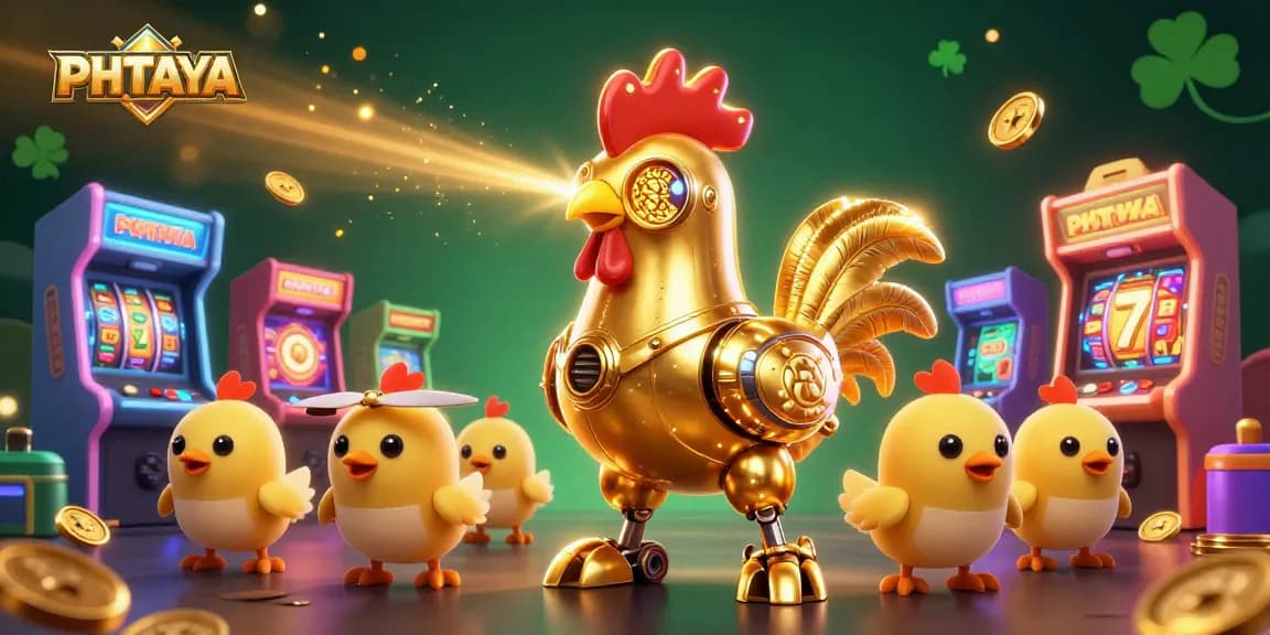 Engage in exciting gaming adventures at PHTAYA with golden rooster robot and vibrant slot elements.