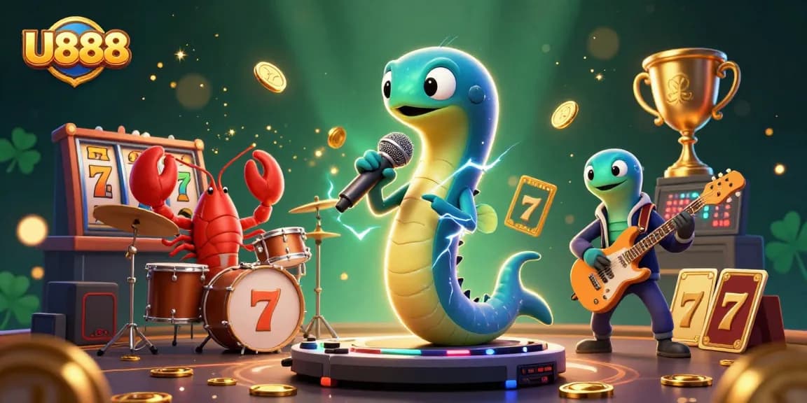 Experience thrilling U888 slots with vibrant underwater casino scene featuring electric eel DJ.