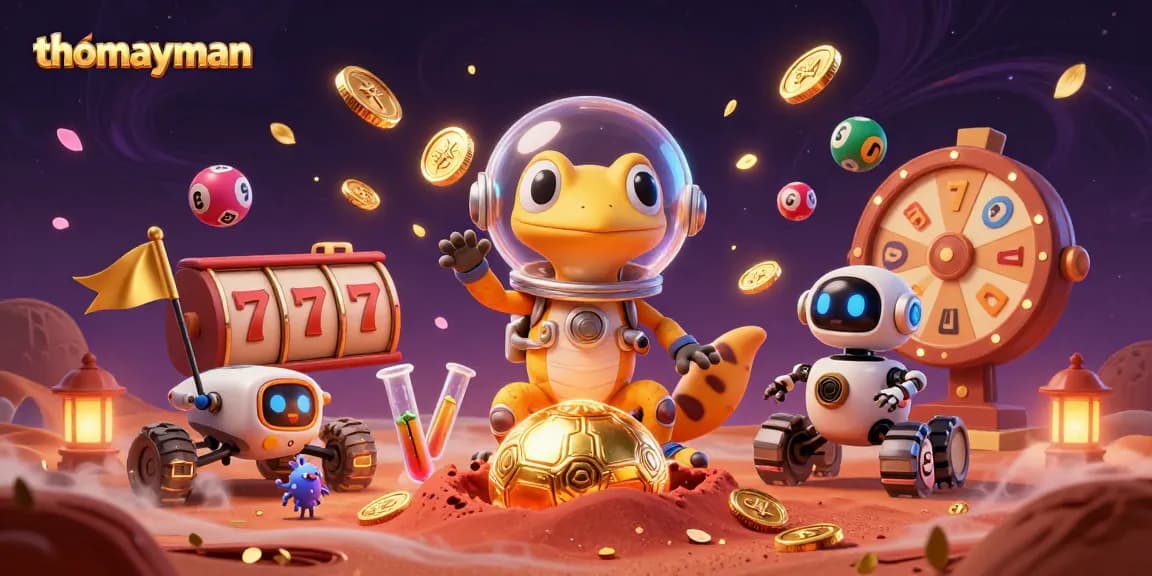 Experience rewarding spins with thomayman in a vibrant 3D casino adventure illustration.