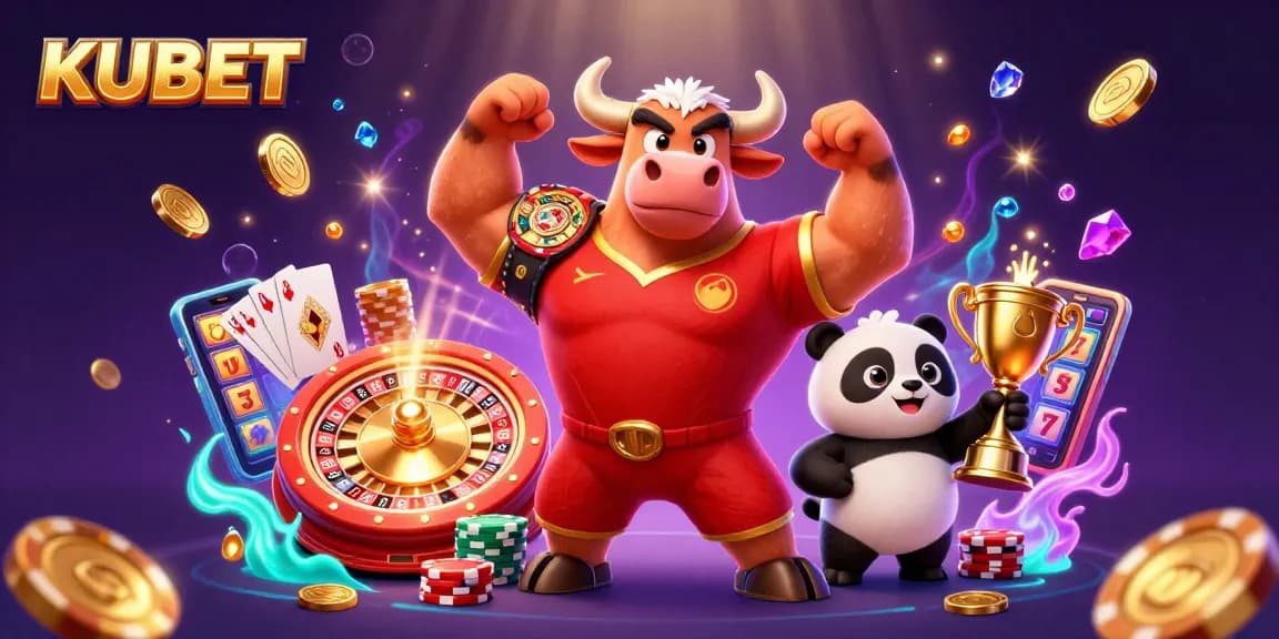 KUBET’s dynamic gaming scene featuring a cartoon bull, eagle, and panda celebrating wins with engaging casino elements.