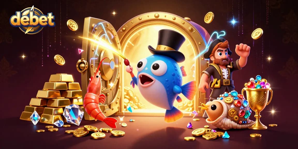 Engage with debet’s world of riches illustrated by a deep-sea anglerfish attracting glowing coins amidst treasure and casino excitement.