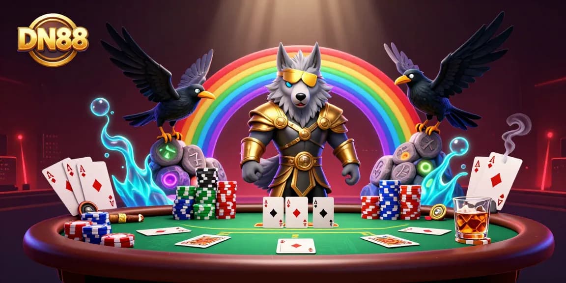 Experience exciting gameplay at DN88 with a lively 3D casino scene featuring poker tables and characters.