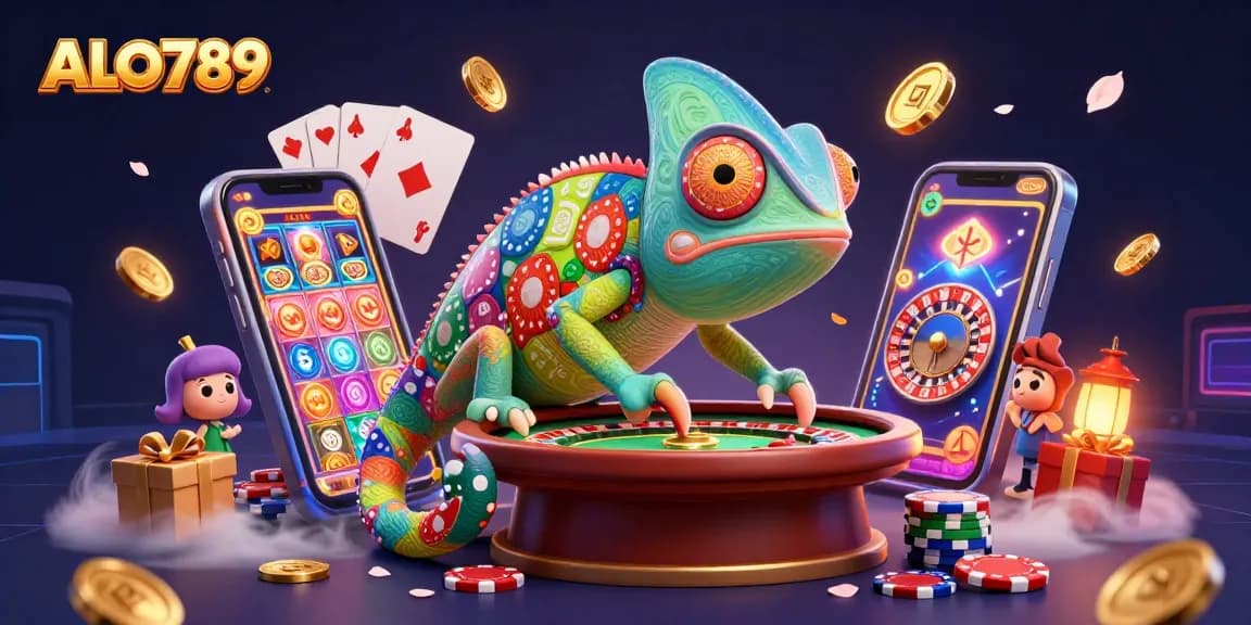 Engage with ALO789 gaming excitement in this vibrant casino scene featuring slot games and poker.