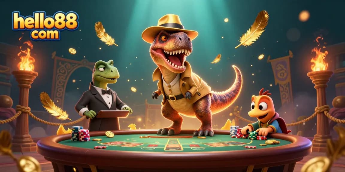 Play at hello88 com: a cartoon velociraptor and stegosaurus at a thrilling blackjack table in a vibrant casino scene.