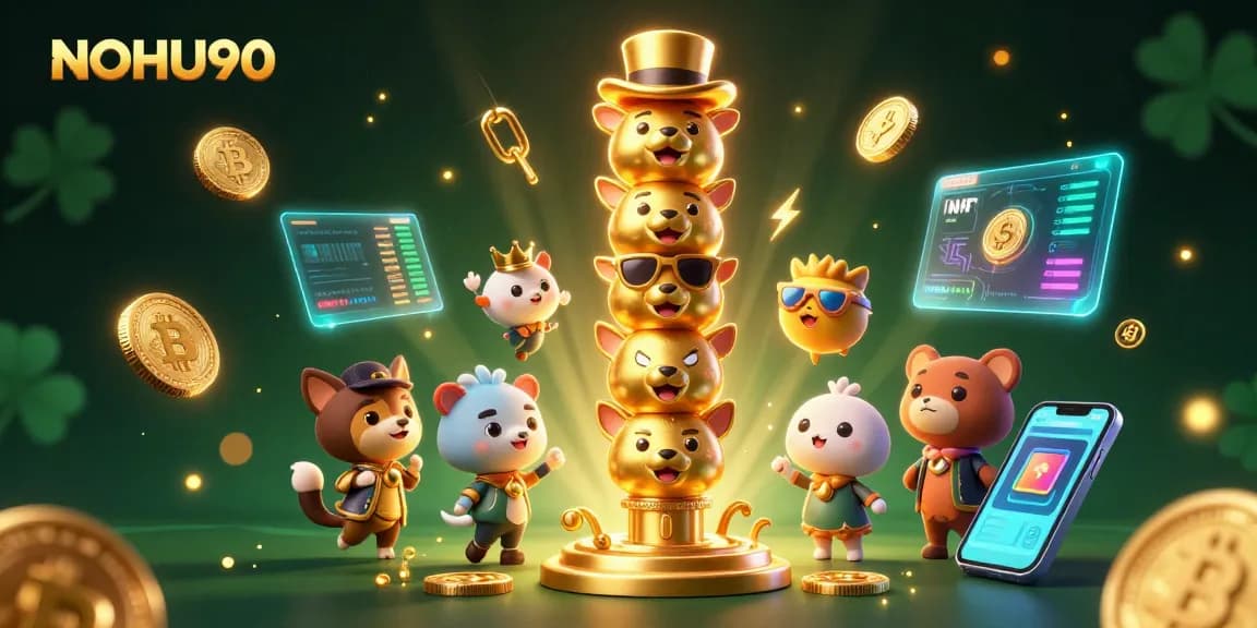 Experience the thrill of gaming with NOHU90's vibrant casino illustration featuring a golden totem and cryptocurrencies.