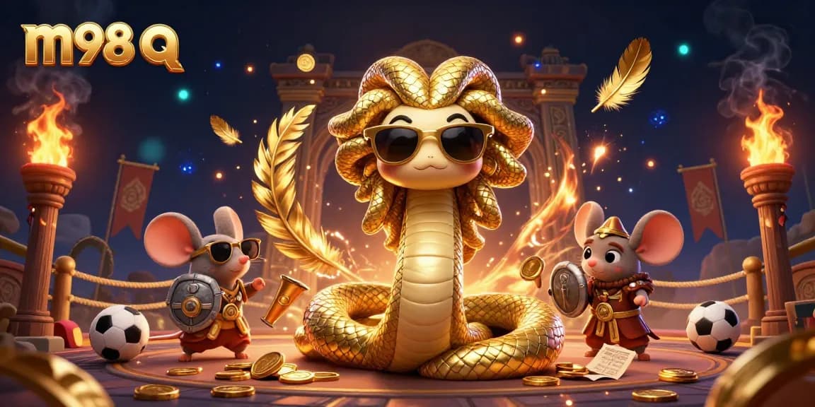 Experience the excitement with m98 q in a 3D illustration featuring Medusa and a warrior mouse in a dynamic sports betting scene.