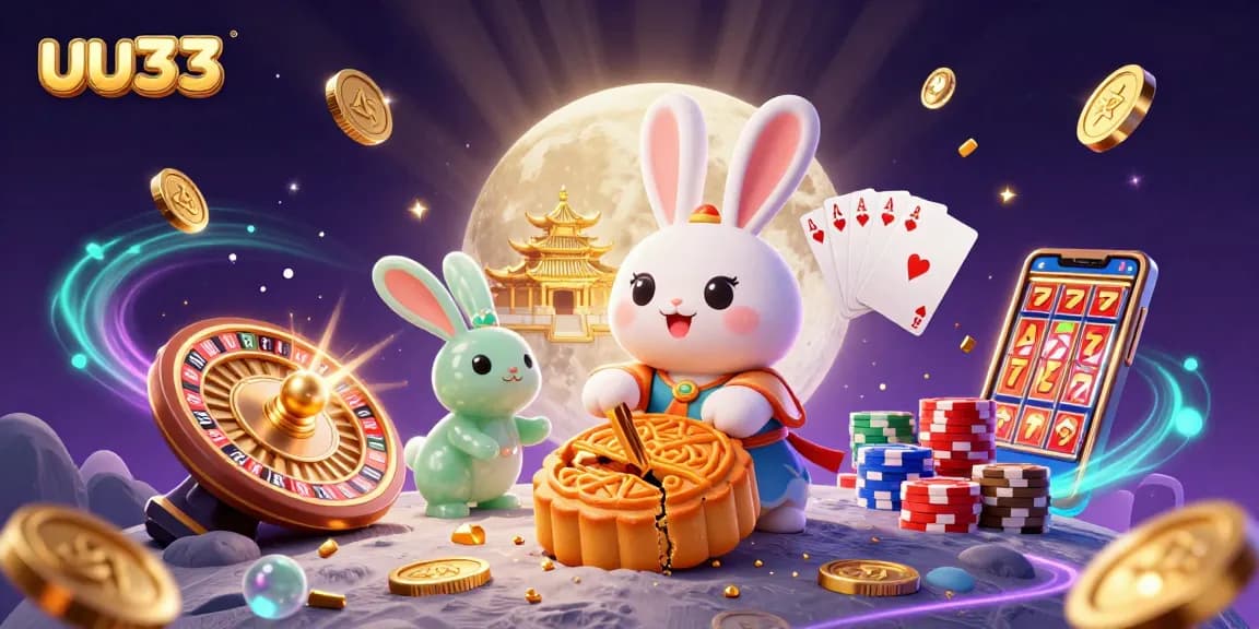 Experience the thrill of gambling at uu33 with a lively lunar scene featuring poker chips, coins, and treasures.