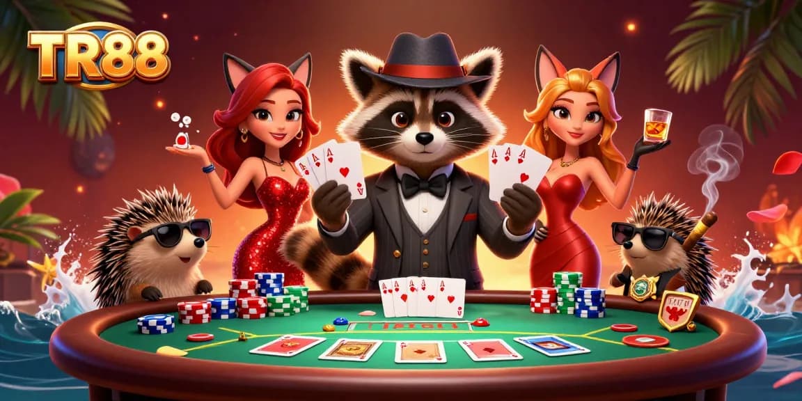 TR88 gaming experience showcasing a suave raccoon, elegant fox, and bouncer amidst vibrant poker scene.