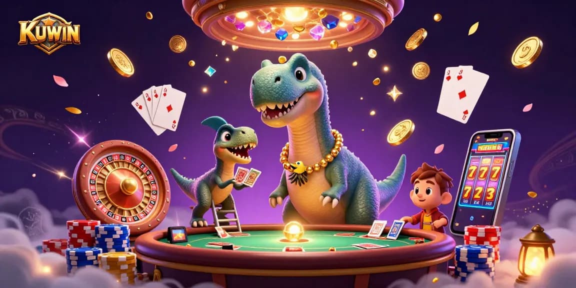 Immerse in KUWIN's thrilling atmosphere with a vibrant 3D casino scene featuring dynamic characters and game elements.