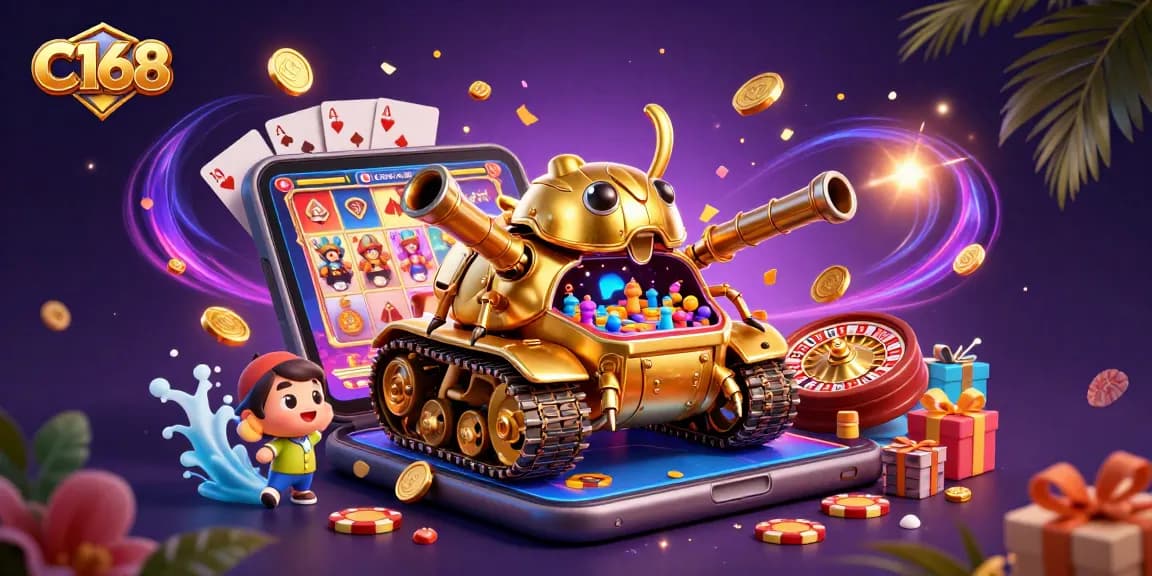 Experience the excitement of C168 in a dynamic 3D scene featuring colorful slot games and a unique casino tank.