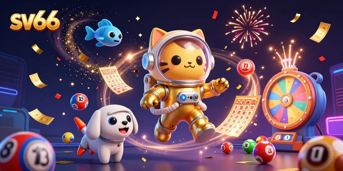 Join the exciting world of sv66 with an astronaut cat and its robot dog, surrounded by colorful gaming elements.