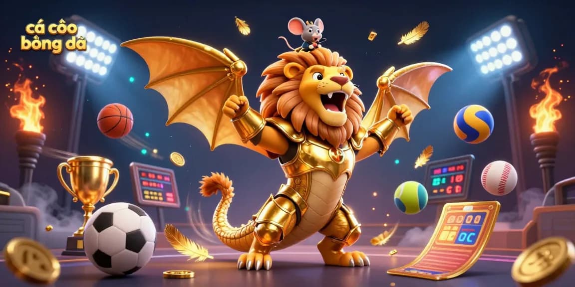 Cá cược bóng đá showcases a triumphant chimera creature and mouse jockey amid dynamic sports elements.