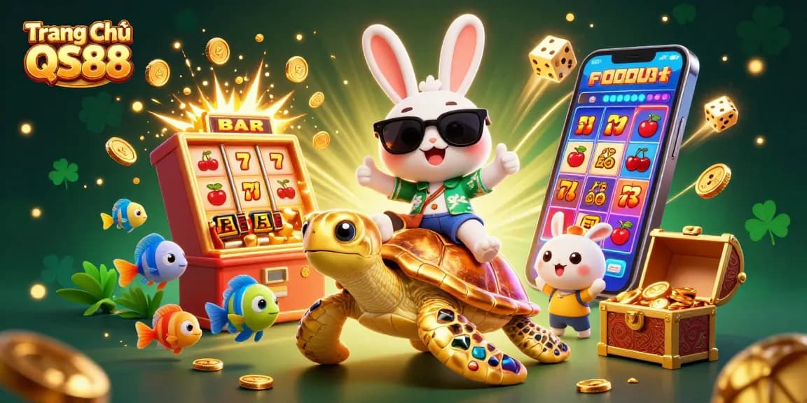 Experience endless fun at Trang Chủ QS88 with a lucky rabbit and golden sea turtle amidst vibrant casino elements.