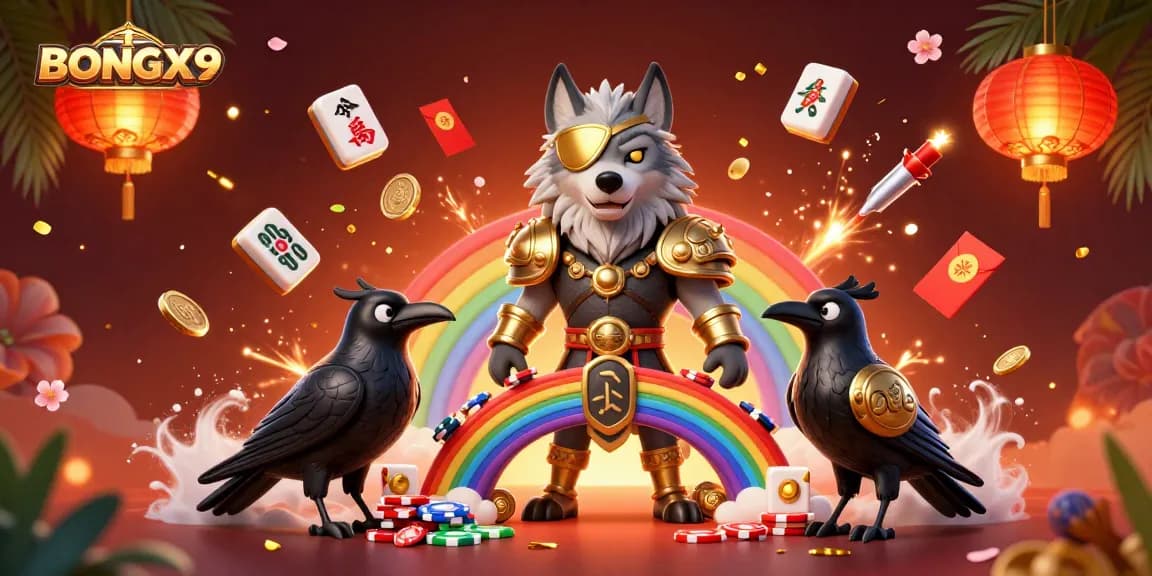 BONGX9 showcases a captivating 3D illustration of Odin and ravens amidst glowing casino elements, capturing the thrill of online gambling.