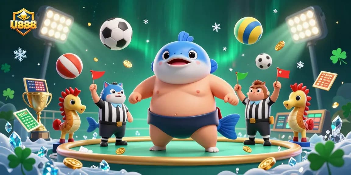 U888 sports betting scene with a blowfish wearing a mawashi, catfish referee, and lively elements.
