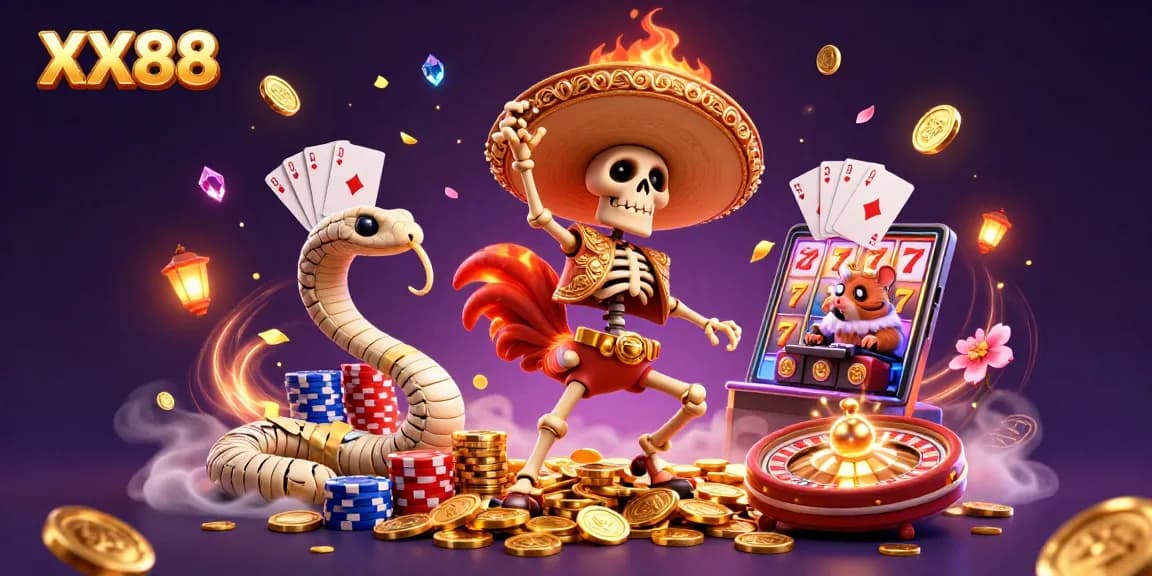 Engage in epic gameplay at XX88, featuring a vibrant casino scene with gold coins and festival elements.