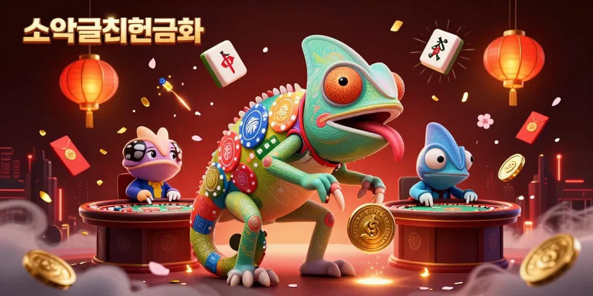 소액결제현금화의 매력을 느끼며 카지노 세계에서 금색 동전을 쫓는 카멜레온 모습을 담은 일러스트