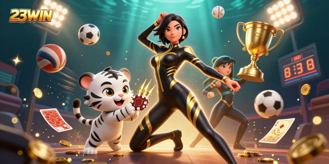 Engage in thrilling betting action with 23WIN featuring acrobatic characters and casino elements.