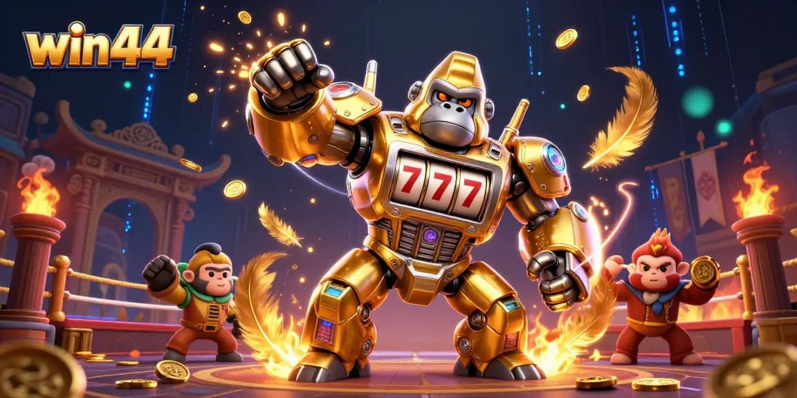 Win44's golden gorilla mech punches upward, showering coins, in vibrant casino action scene.