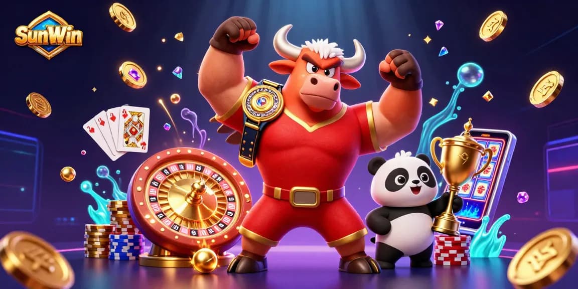 SunWin celebrates victory with a muscular bull, eagle, and panda amidst casino elements.