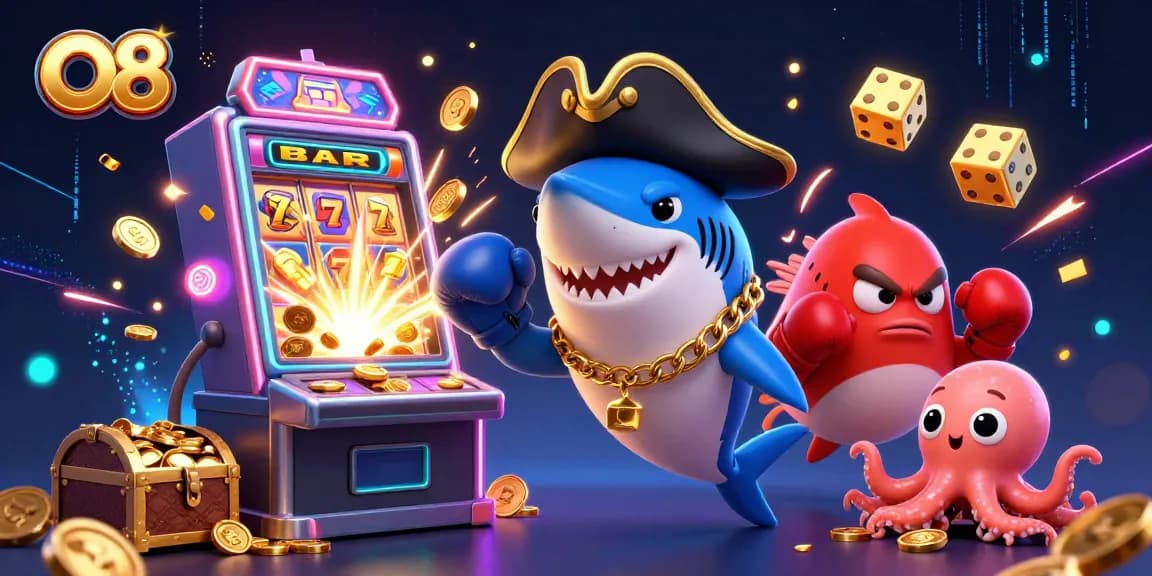 Experience the thrilling world of O8 with this vibrant 3D casino scene featuring cartoon characters and games.