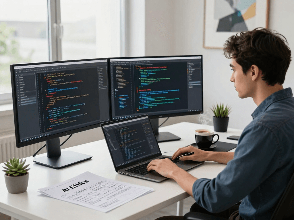 AI programming workspace illustrating nsfw ai development with multiple monitors and design tools.