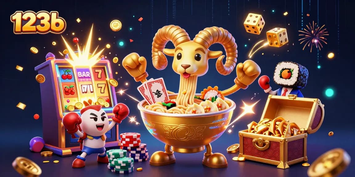Experience the vibrant action at 123b with a colorful casino scene featuring gourmet elements.
