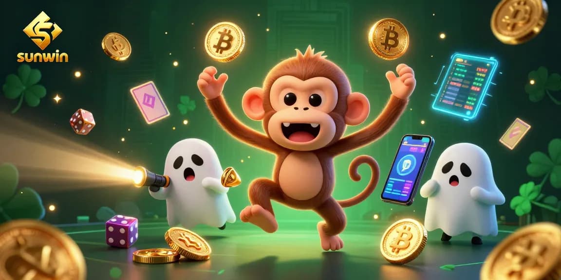 Experience thrilling action with sunwin as a poltergeist monkey juggles winnings in a haunted casino.