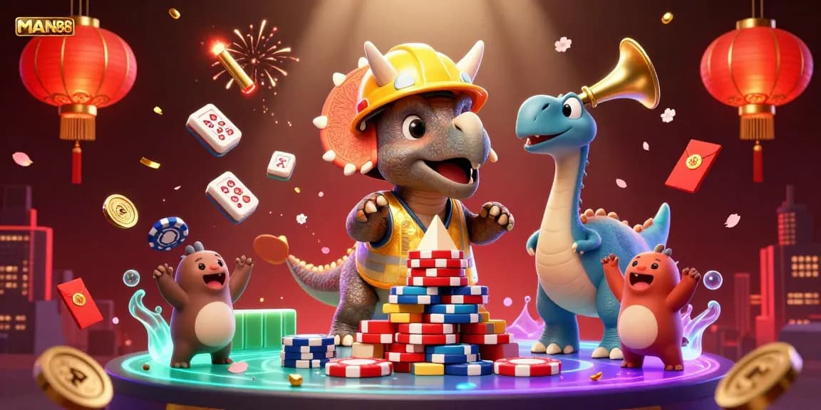 Engage in thrilling gameplay at MAN88 with a vibrant 3D depiction of a cartoon dinosaur gaming scene featuring poker chips and lanterns.