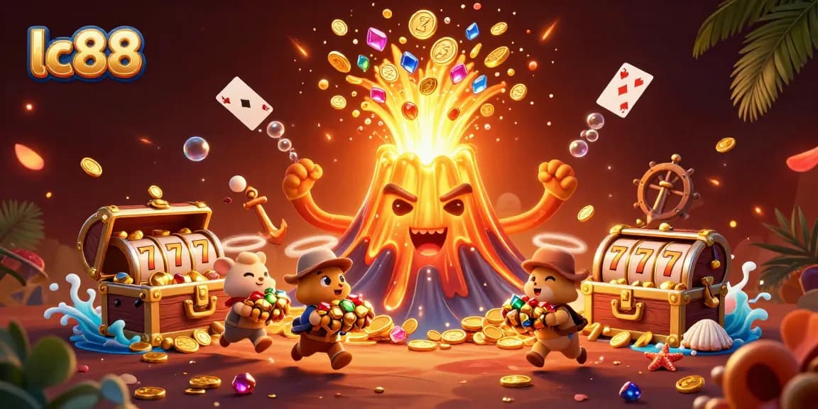 Experience the thrill of lc88 with a dynamic scene of treasures, slot games, and jubilant characters.