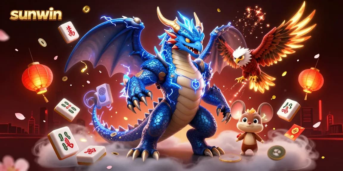 Experience the excitement of sunwin with vibrant casino-themed dragons, hawks, and treasures soaring around.