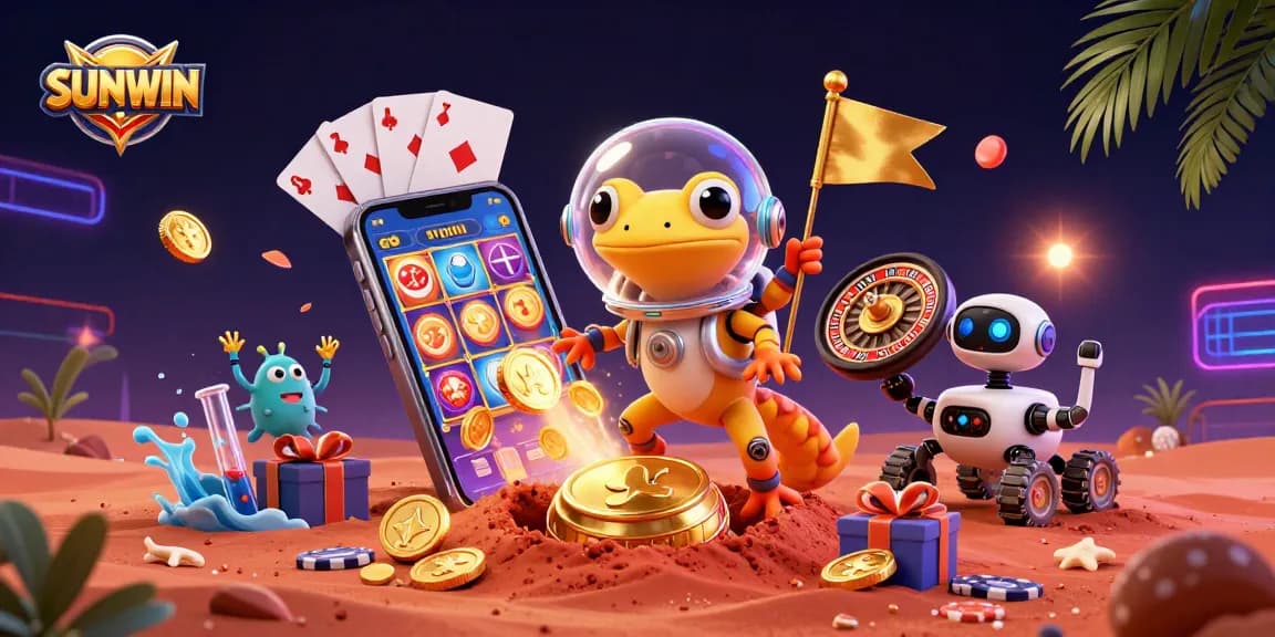 SUNWIN offers an exciting gaming experience as the cartoon gecko discovers a vibrant casino on Mars.