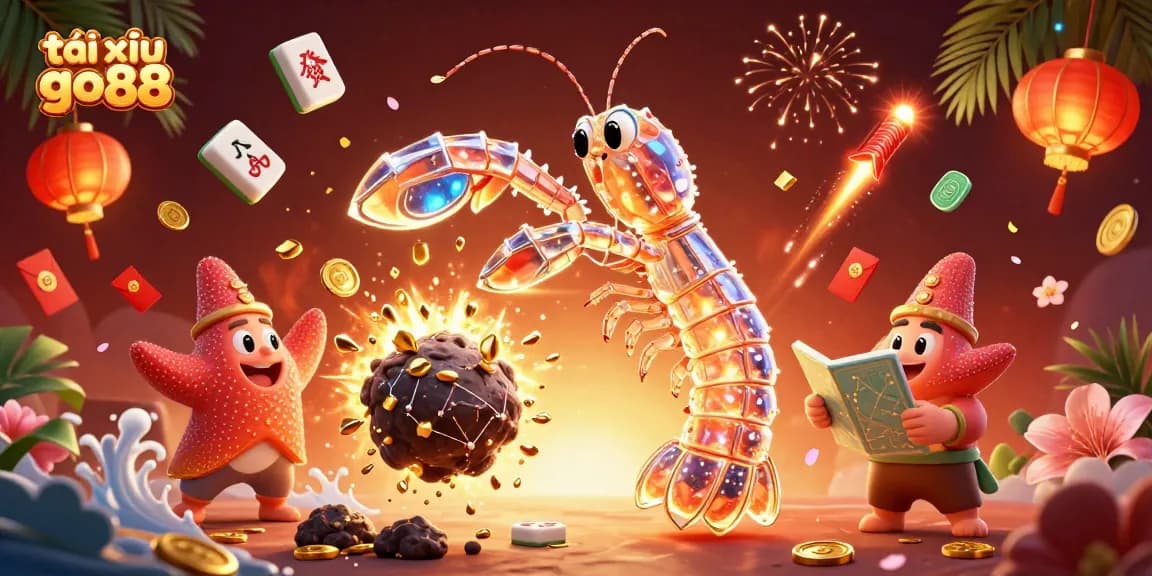 Engage with tài xỉu go88 in a captivating 3D scene of a mantis shrimp and starfish amidst vibrant casino elements.