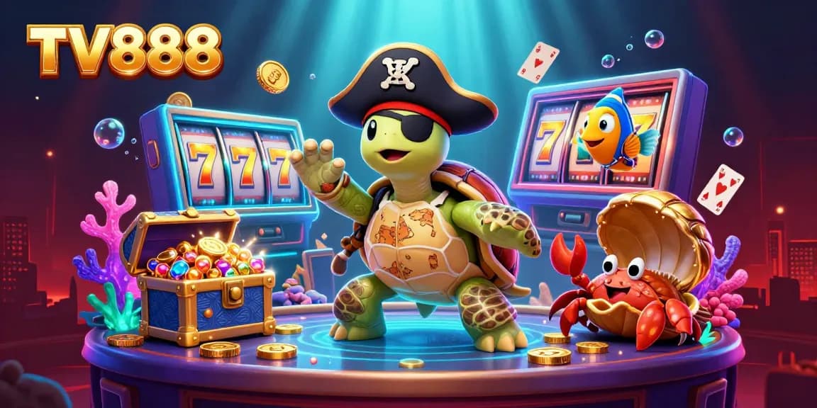 Experience the excitement of TV888 casino games with vibrant slot reels and dynamic characters.