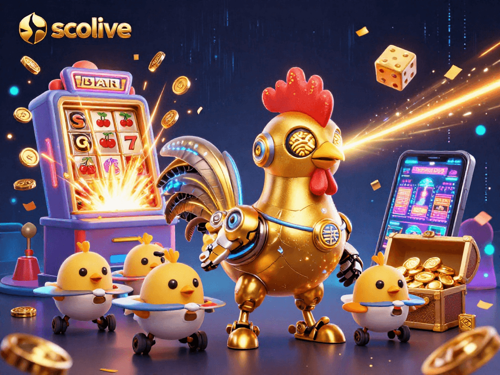 Socolive enhances the gaming experience, showcasing a golden rooster robot amidst vibrant jackpot symbols in a festive casino atmosphere.