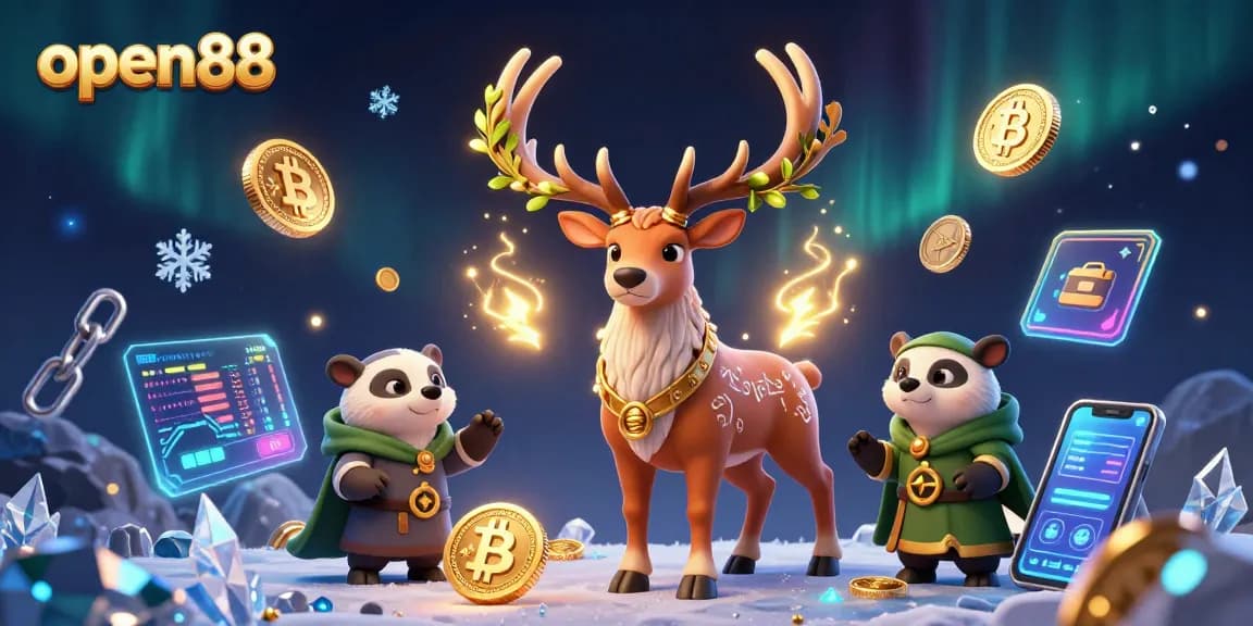 Experience open88's immersive 3D casino world with vibrant characters and crypto symbols.