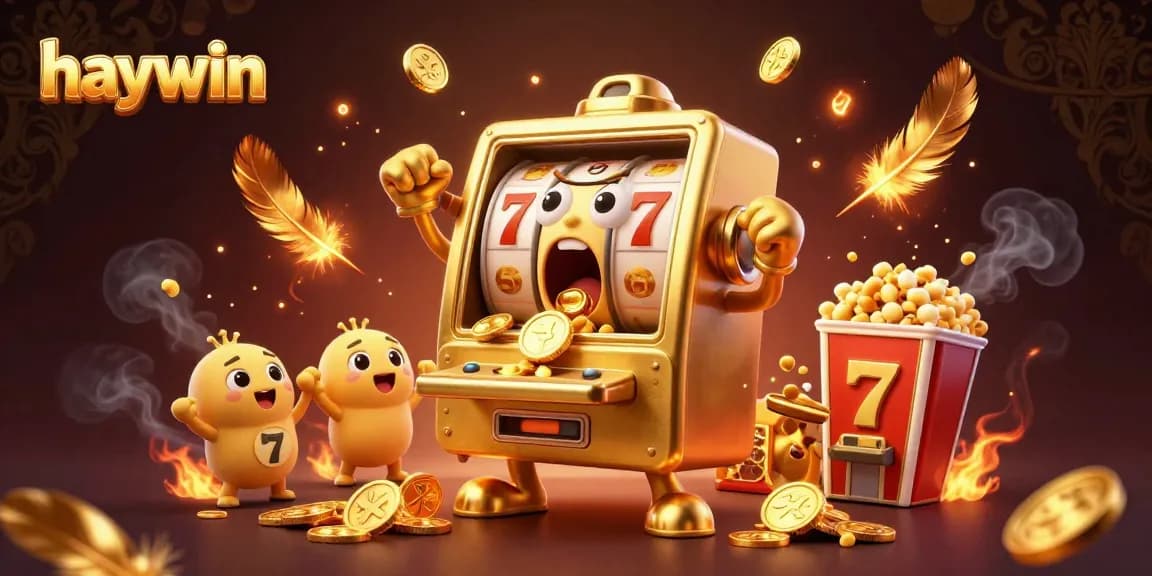 Experience the excitement of haywin as golden slot machines celebrate a jackpot, surrounded by festive casino elements.