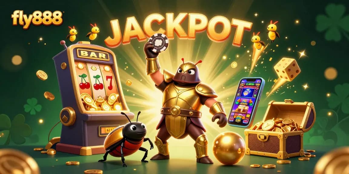 Experience the excitement of fly888 as a beetle hero celebrates a big win with a jackpot!