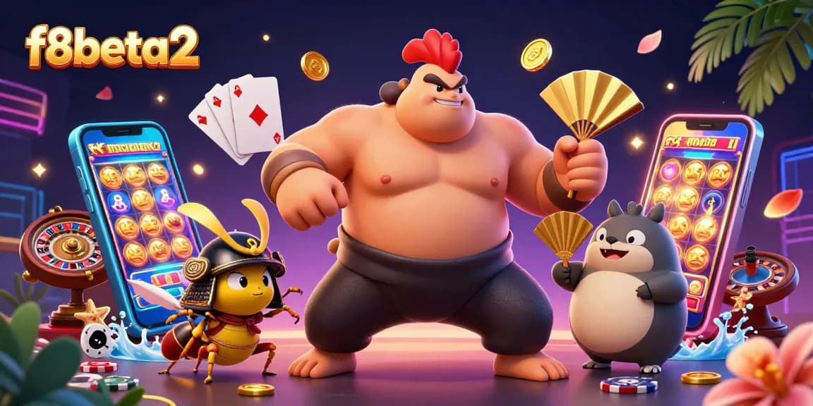 Spin vibrant games with f8beta2 featuring a powerful sumo rooster, fierce samurai cricket, and dynamic casino elements.