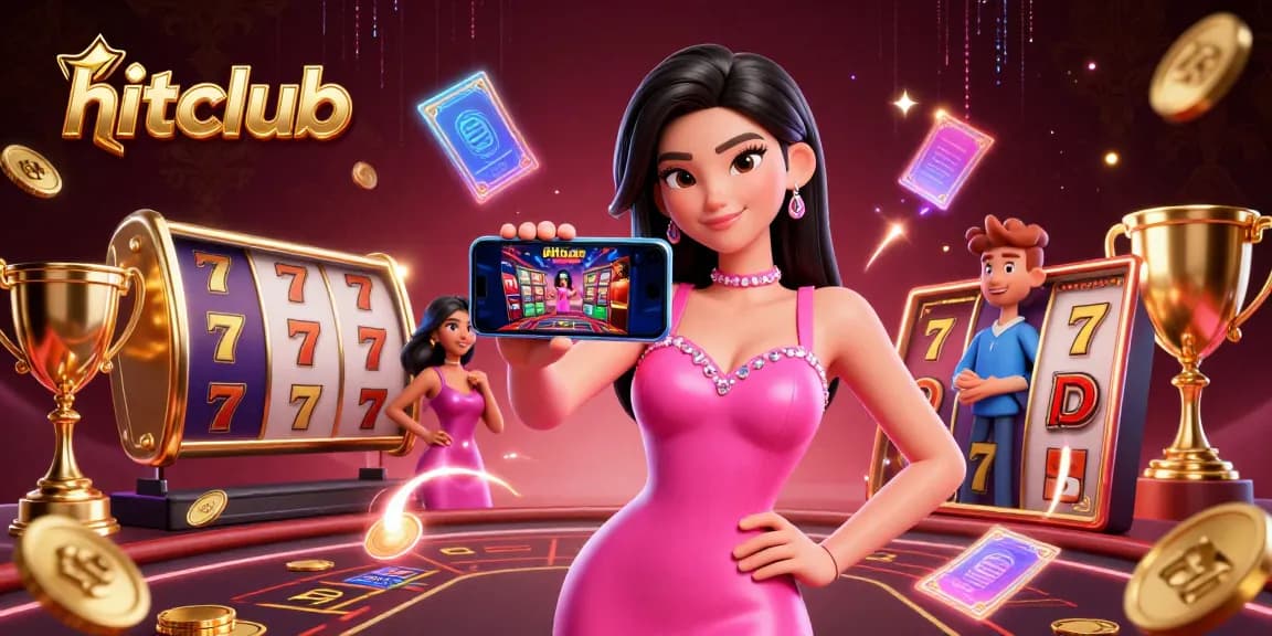 Hitclub's stunning Asian woman showcases a live dealer casino game in a vibrant 3D illustration.