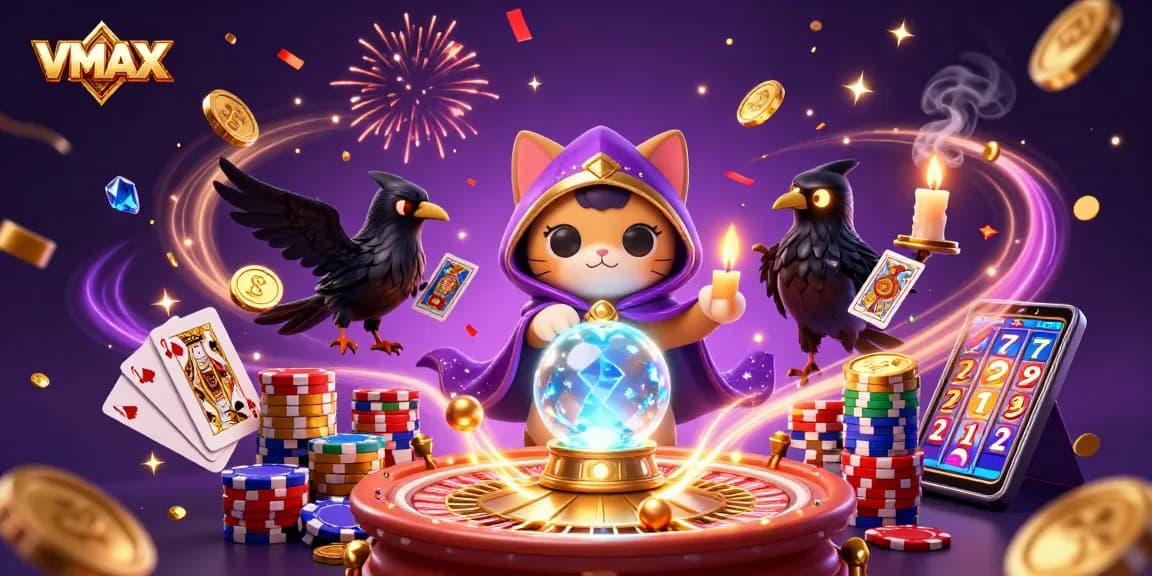 Win big with VMAX at the colorful casino, featuring a mystic cat, tarot raven, and rich gambling elements.