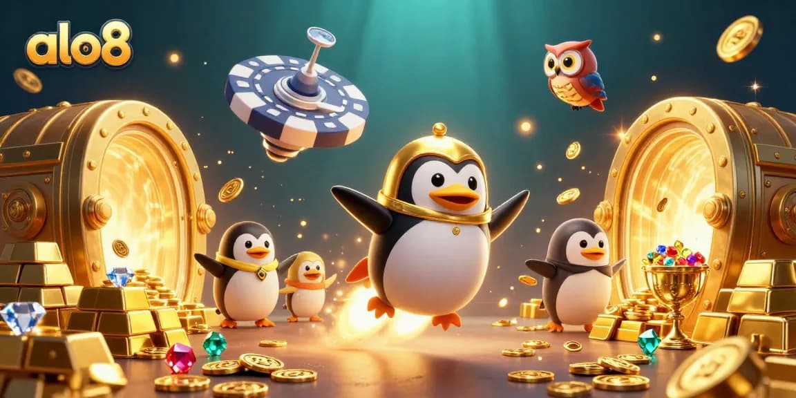 Spin to win with ALO8's golden penguin at the cosmic casino!