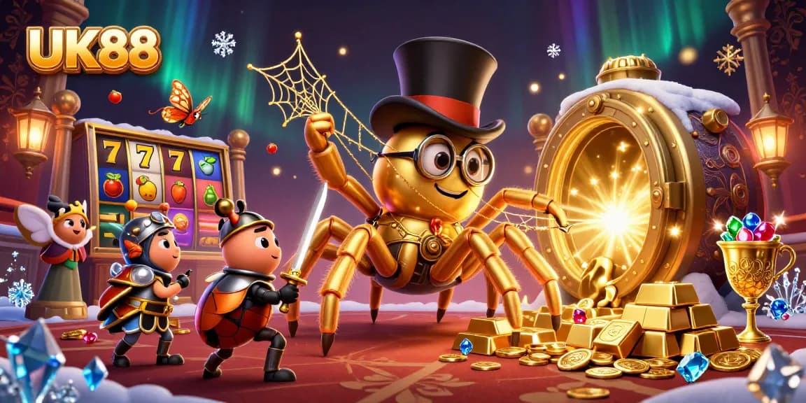 Spin the reels with UK88 and discover a vibrant casino scene featuring cartoon characters and treasures.