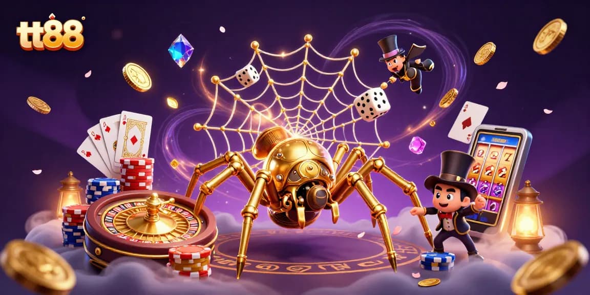 Experience the thrill of tt88 with a steampunk spider weaving a golden casino web amidst vibrant gaming elements.